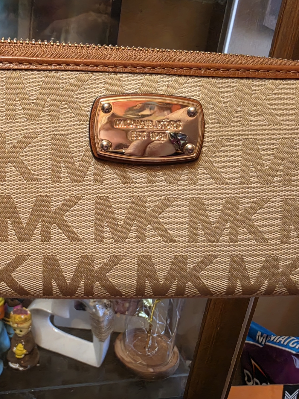 Michael Kors Beige Tan Logo Wallet with Gold Plaque